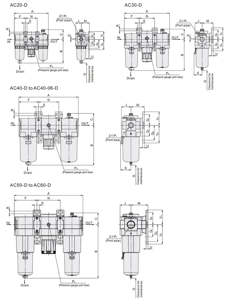 AC20 D to AC60 D FRL Unit drawing